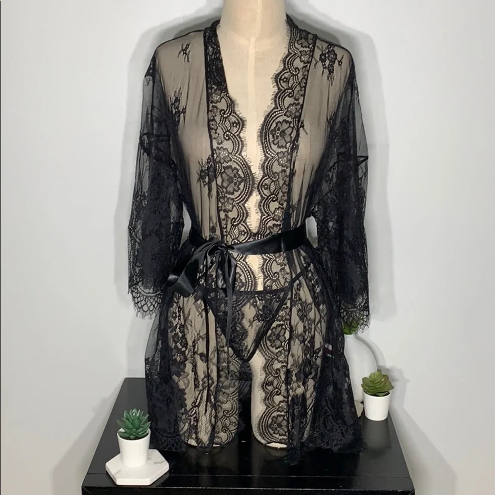 Black Lace Lingerie Robe And Thong Set With Satiny Belt - Picture 13 of 16